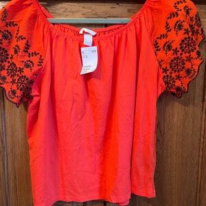 H&M Vibrant Orange Blouse with Black Embroidery